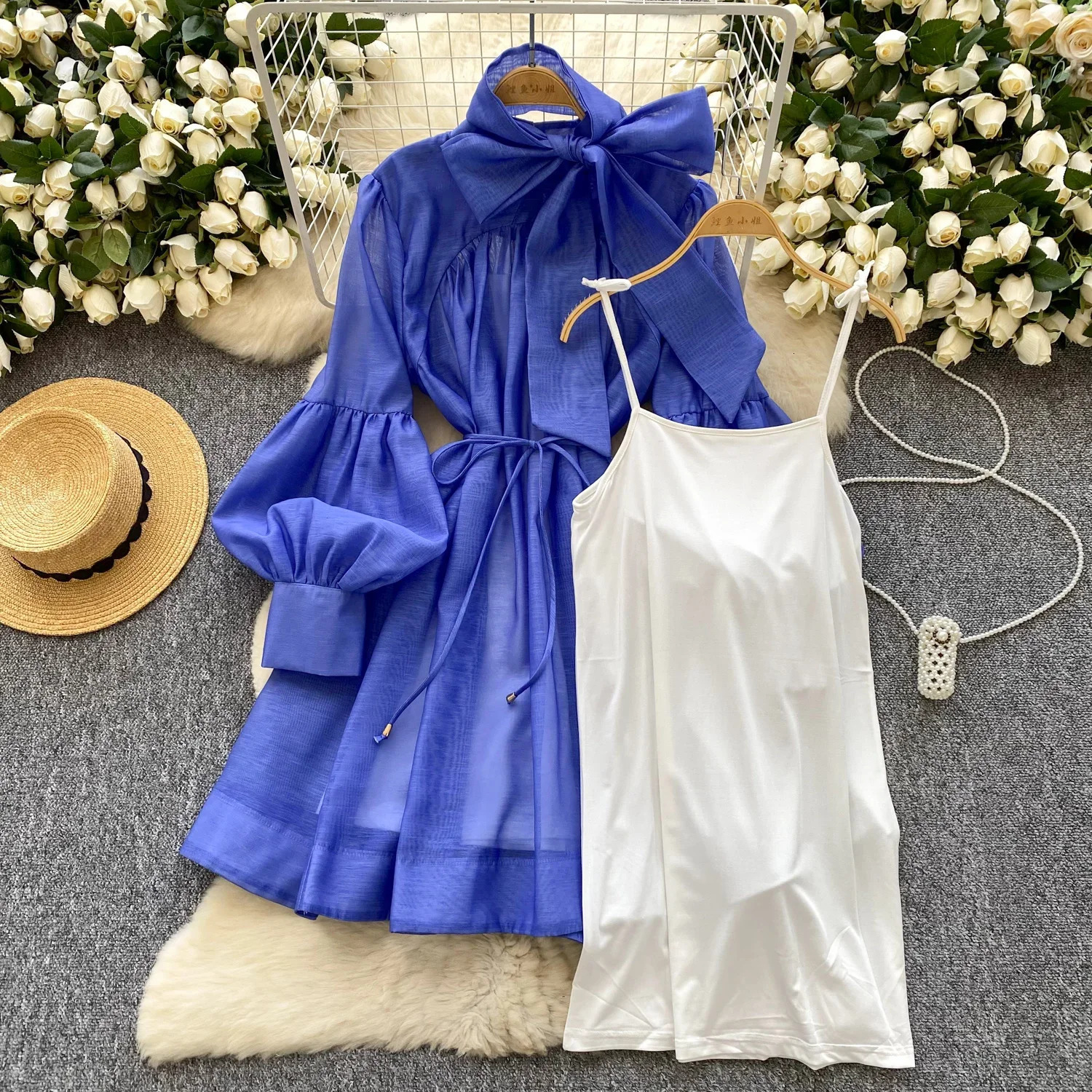 Elegant Butterfly Bow Bandage Vintage Lace Chic Lantern Sleeves Ultra Thin Long Skirt Evening Dress High Street Autumn Winter Clothing 250402