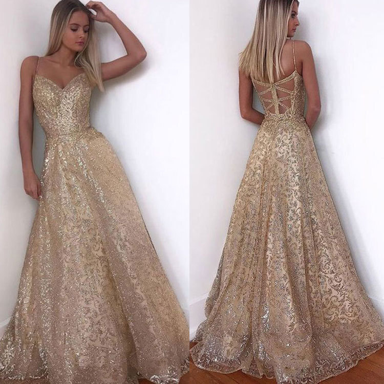 2025 Spring/summer Womens Long Skirt Sleeveless Deep v Gold Sprinkle Sexy Strap Dress