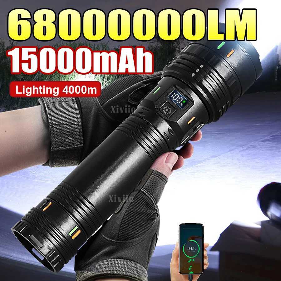 68000000LM Super Powerful LED Flashlights 15000mah Built-in Battery Rechargeable Torch Zoom 4km Strong Light Tactical FlashlightW251106