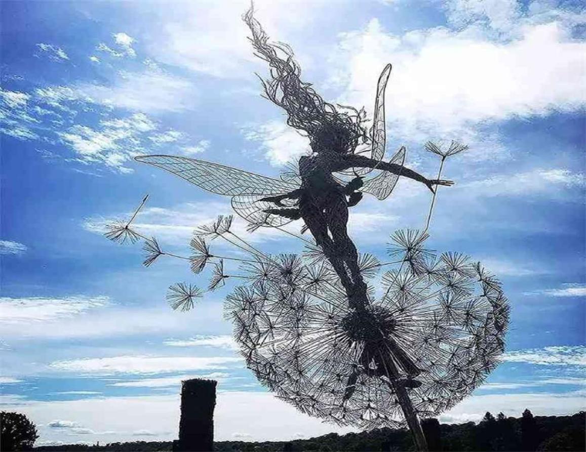 Garden Decorative Stake Fairies And Dandelions Dance Together Metal Yard Art Decor Lawn Landscape Sculpture Decoration 2109111898070