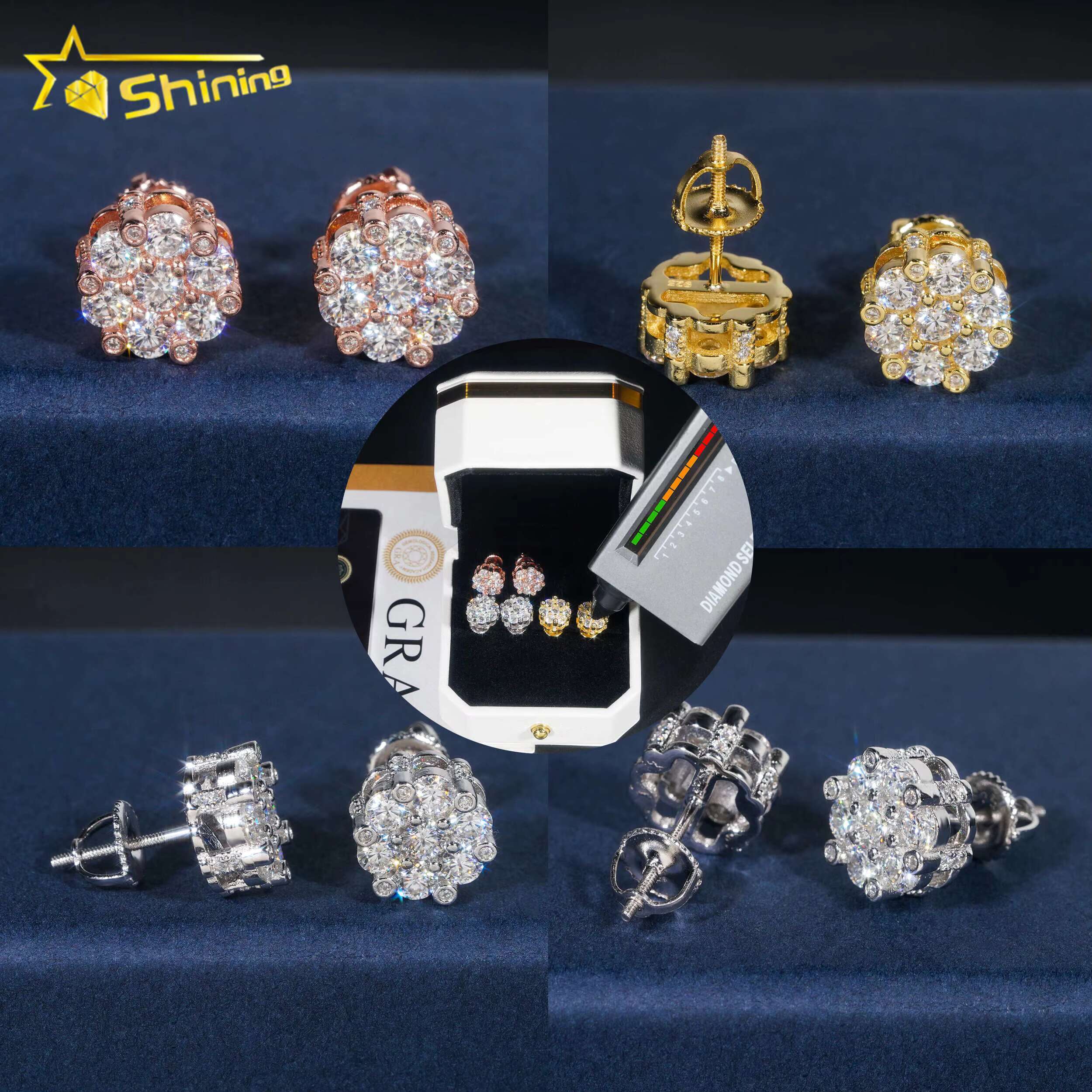 Hot Sale Trendy Cluster Flower Screw Back Earrings Sier Gold Plated Moissanite Pass Dia Test Stud Earring
