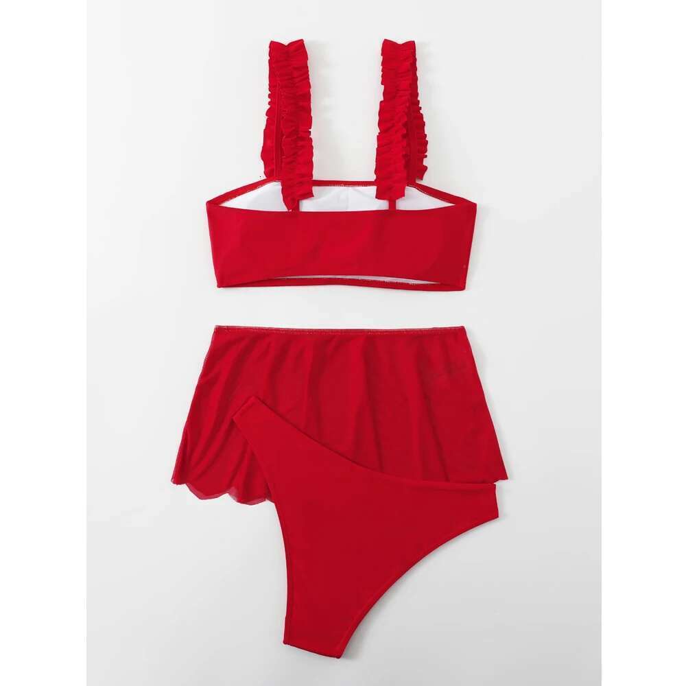 2023 Red Swimsuit Women Sexy High Waist Skirt Three-Piece Bikini Ruffle Suspender Chest Wrap Swimwear Summer Beach Bathing Suit
