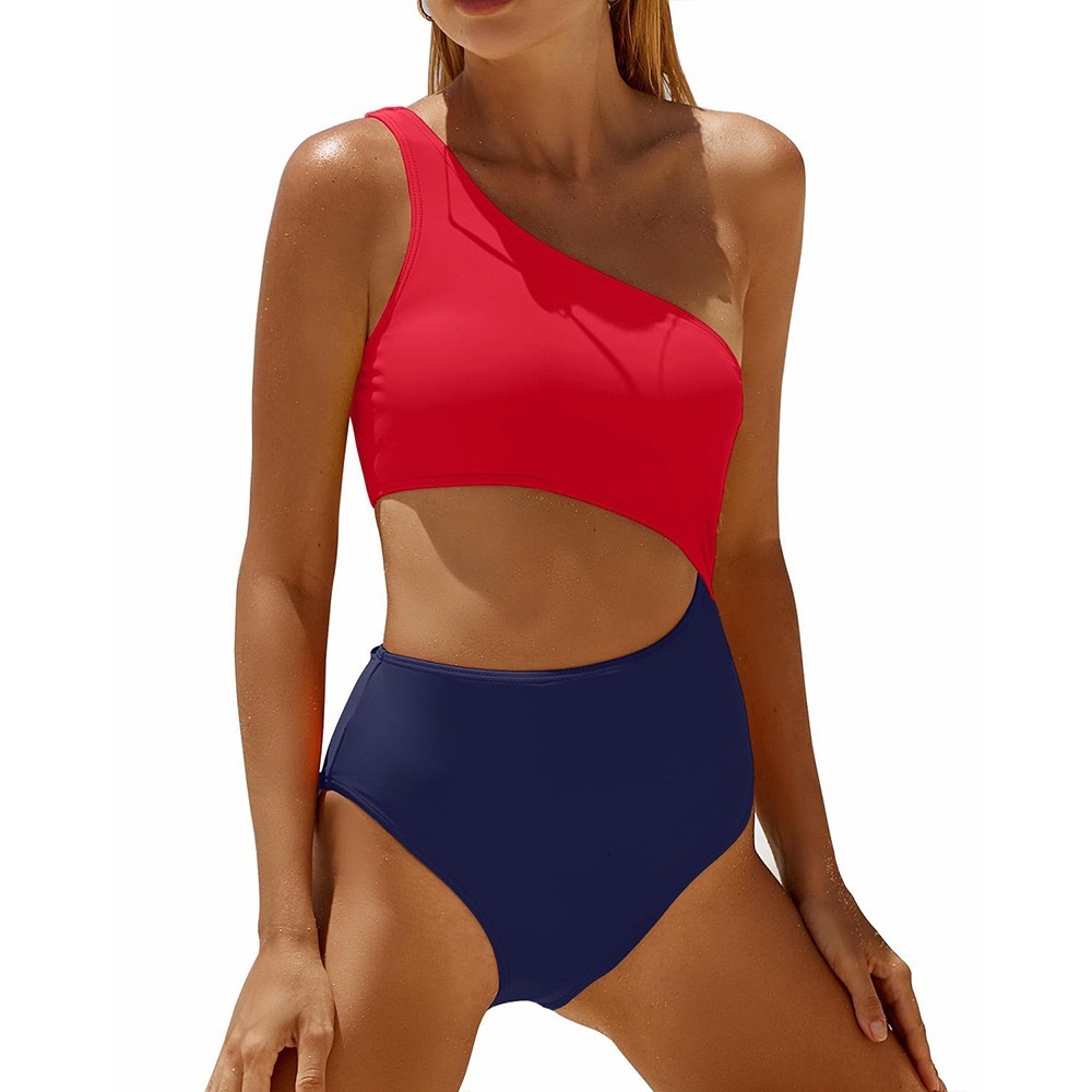 2025 new one-piece women's solid color single shoulder hollow sexy contrasting swimsuit