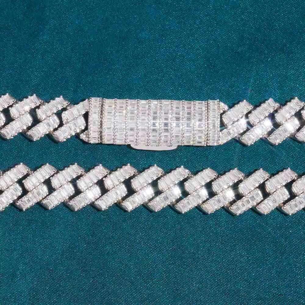 13MM White Gold Plated Baguette Stone Moissanite Cuban Link Chain For Fashions