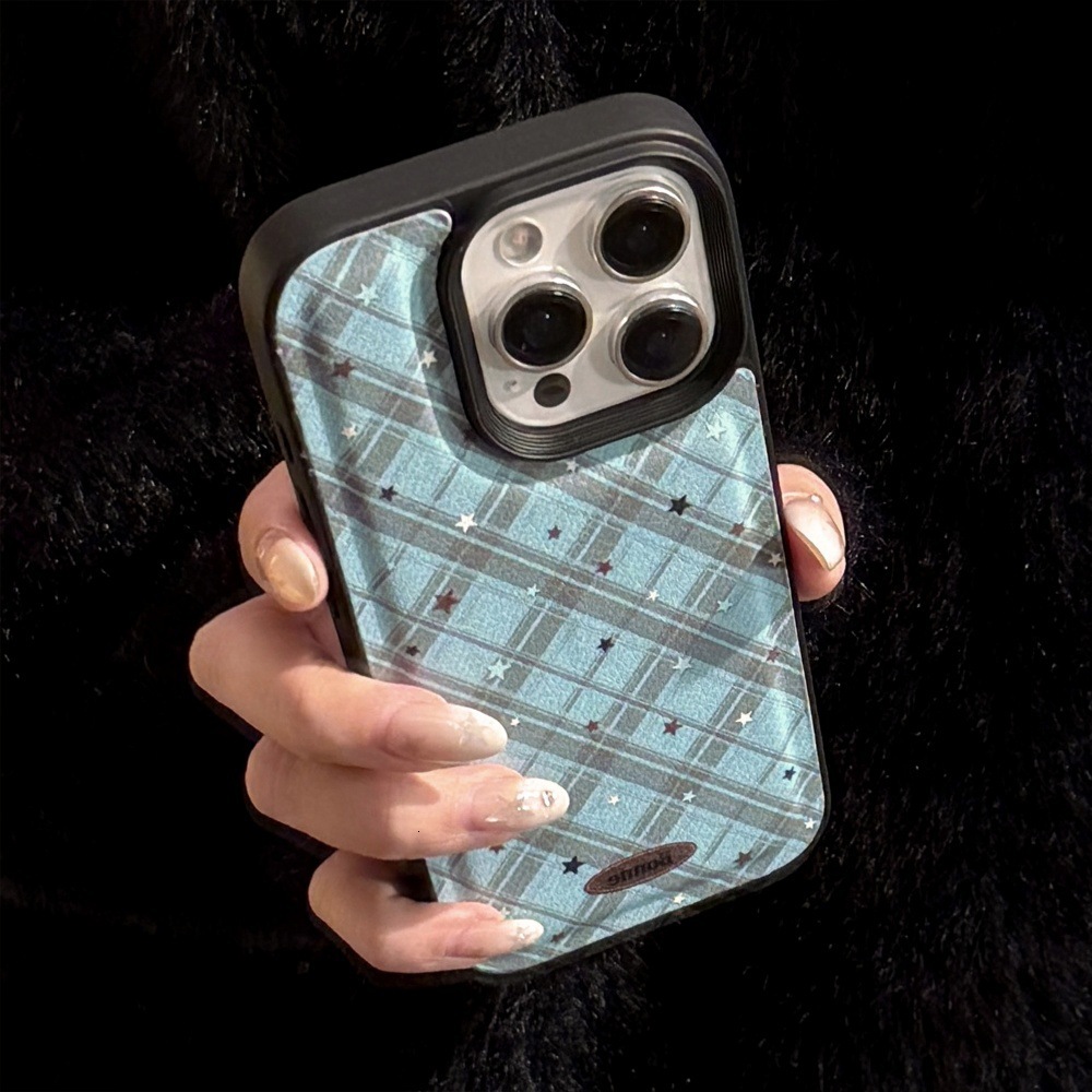 Blue Star Pattern Leather Phone Case Compatible with iPhone 17/16 Pro Solid Color Shockproof iPhone 15/14 Niche 13
