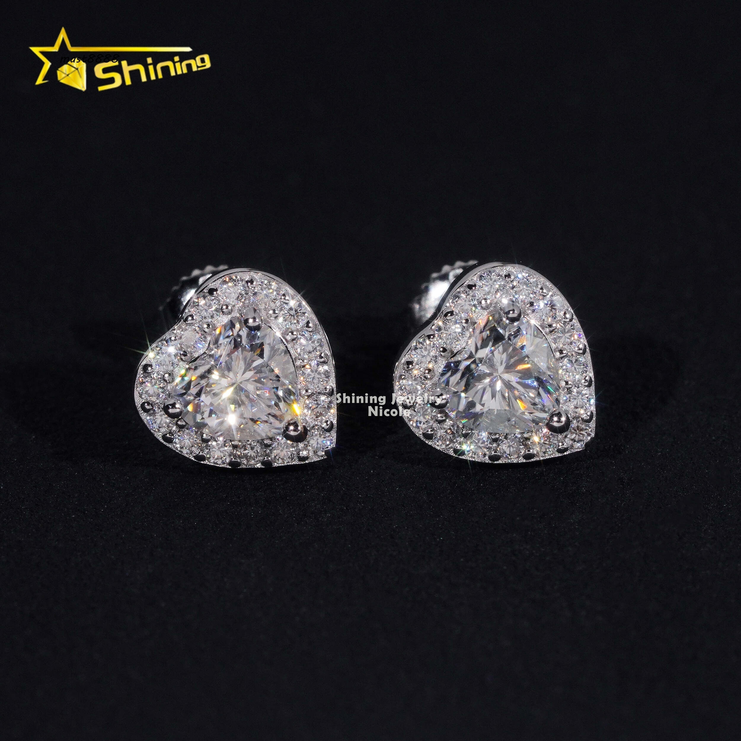 Hip Hop Style High Quality Wholesale Price 925 Sterling Silver Moissanite Stud Heart Earrings
