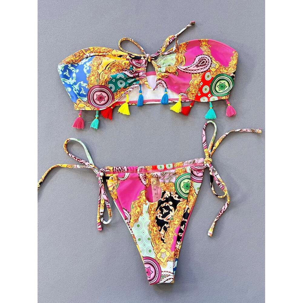 Strapless Swimsuit Women 2023 High Waist Thong 2 Piece Bikini Sexy Print Backless Beach Bathing Suit Lace Up Swimwear XMC823K