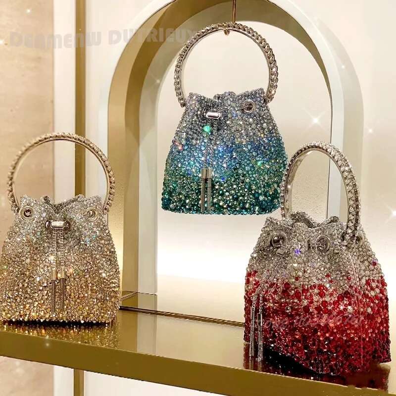 Red Mini Crystal Gradient Stone Handbag Women Party Evening Clutch Light Blue Dia Ring Drawstring Color Bg Wristlets Girl