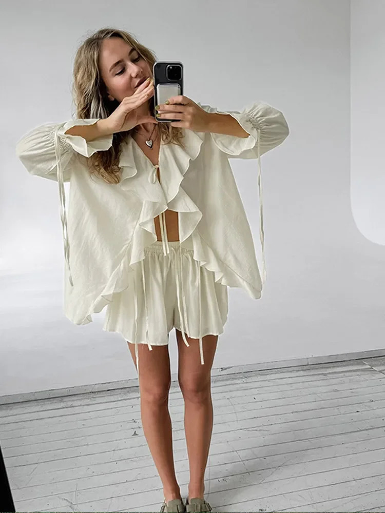 Summer holiday long sleeved pleated lace chiffon shorts set for womens casual V-neck solid loose shorts set womens clothing 250402