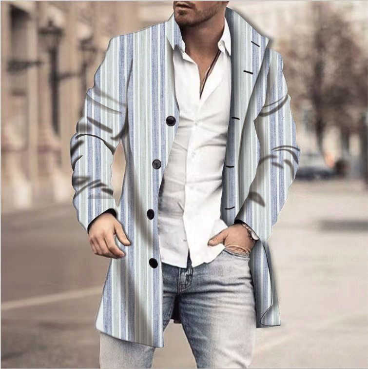 New autumn and winter mens digital printed woolen stand collar mid to long casual pocket coat jacket