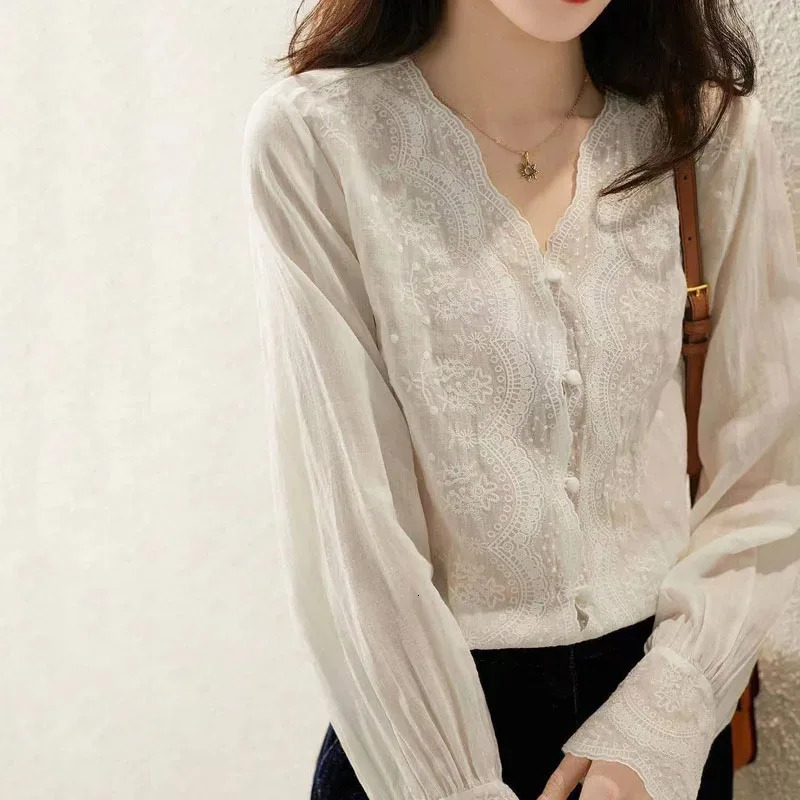 Elegant V-Neck Long Sleeve Linen Blouse Autumn Loose Tops French Style Embroidery Flower Lace Womens Shirt Sweet Blusas 16108 250402