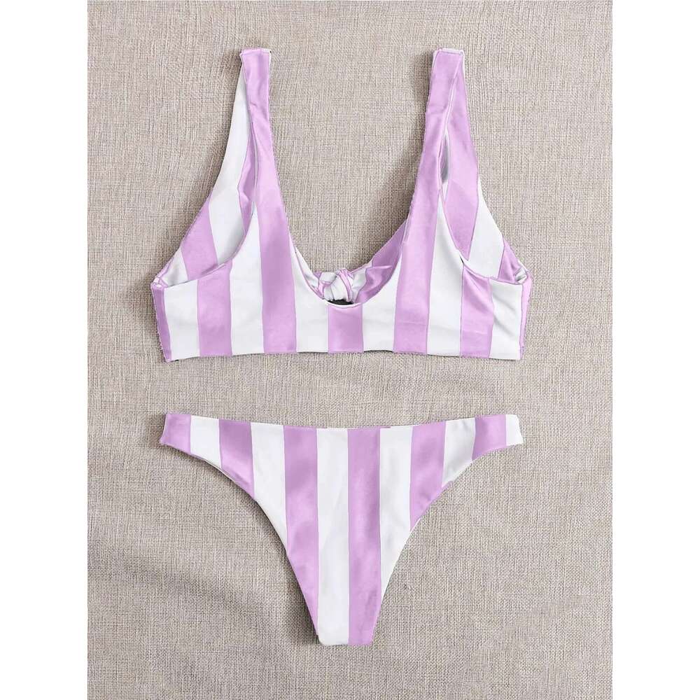 Stripe Print Contrast Color Bikini Set for Women Lace-up Knot V-neck 2 Piece Swimsuit Suit Sexy High Waist Beach Swimwear 2024