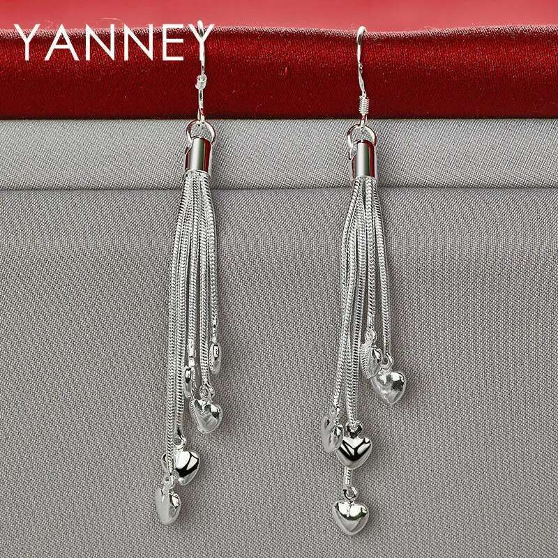Women's Sterg Sier 70MM Upper Tassel Heart Earrings For Fashion Girlfriend Wedding Jewelry Gifts Accessories