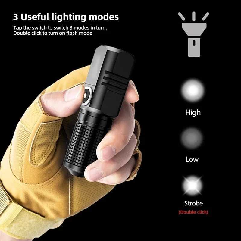 Powerful Mini LED Flashlight Super Bright Zoom Tactical Flashlight USB Rechargable Outdoor Camping Emergency Waterproof TorchW251106