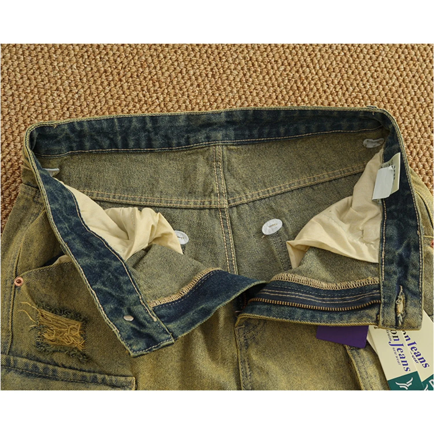 Personality Yellow stains old washed denim shorts mens summer pockets multi pocket cargo quarter pants 250402