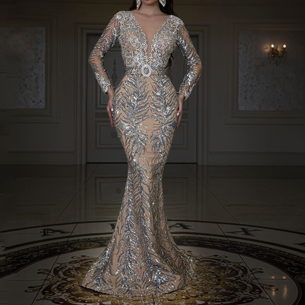 2025 New Womens Dress with Gold Plated Long Sleeves Slimming and Sexy Fishtail Floor Pulling Evening Dress