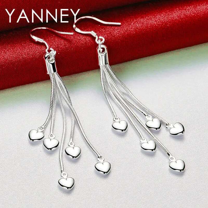 Women's Sterg Sier 70MM Upper Tassel Heart Earrings For Fashion Girlfriend Wedding Jewelry Gifts Accessories
