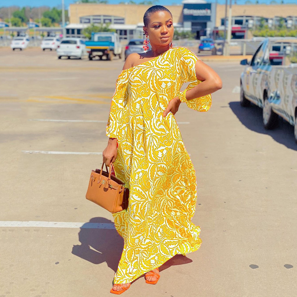 S9310 2025 Summer New Womens Printed Dress with Diagonal Shoulders and Medium Sleeves Loose and Sexy Long Dress