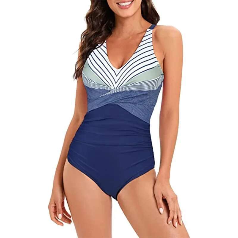 Sexy Stripe Patchwork Swimwear Women 2024 V-neck One Piece Bikini High Waist Slim Monokini Summer Suspender Backless Beachwear