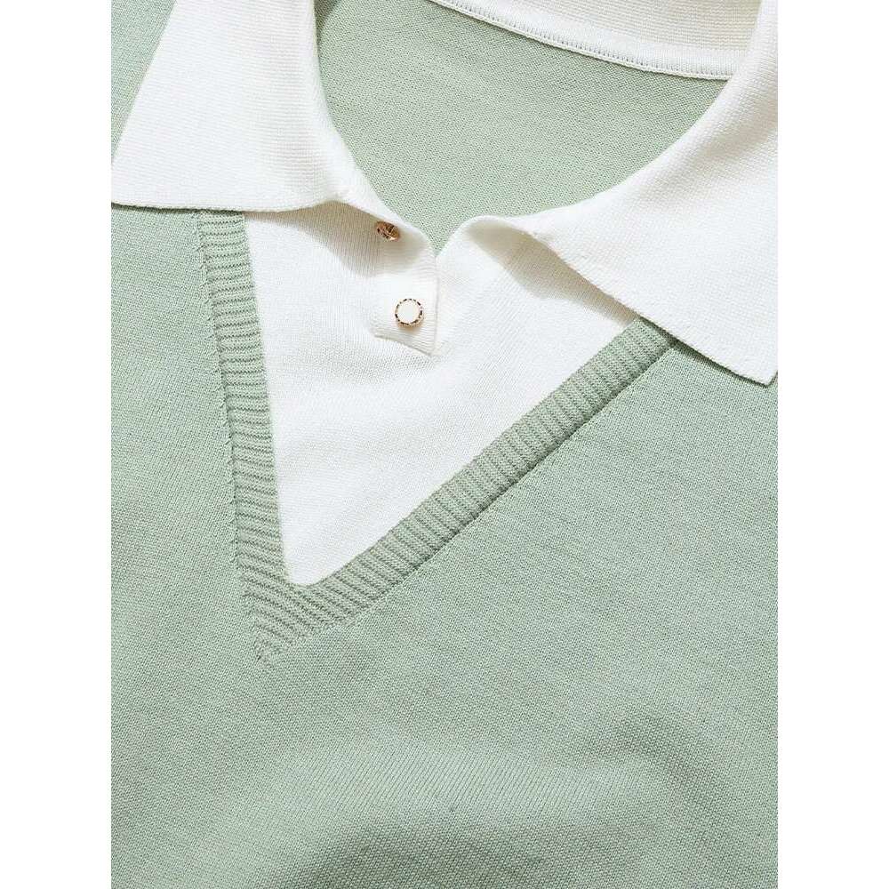 Knitted Sweaters Women Autumn Polo Collar Fake Two New Unique Chic Patchwork Straight Pullovers