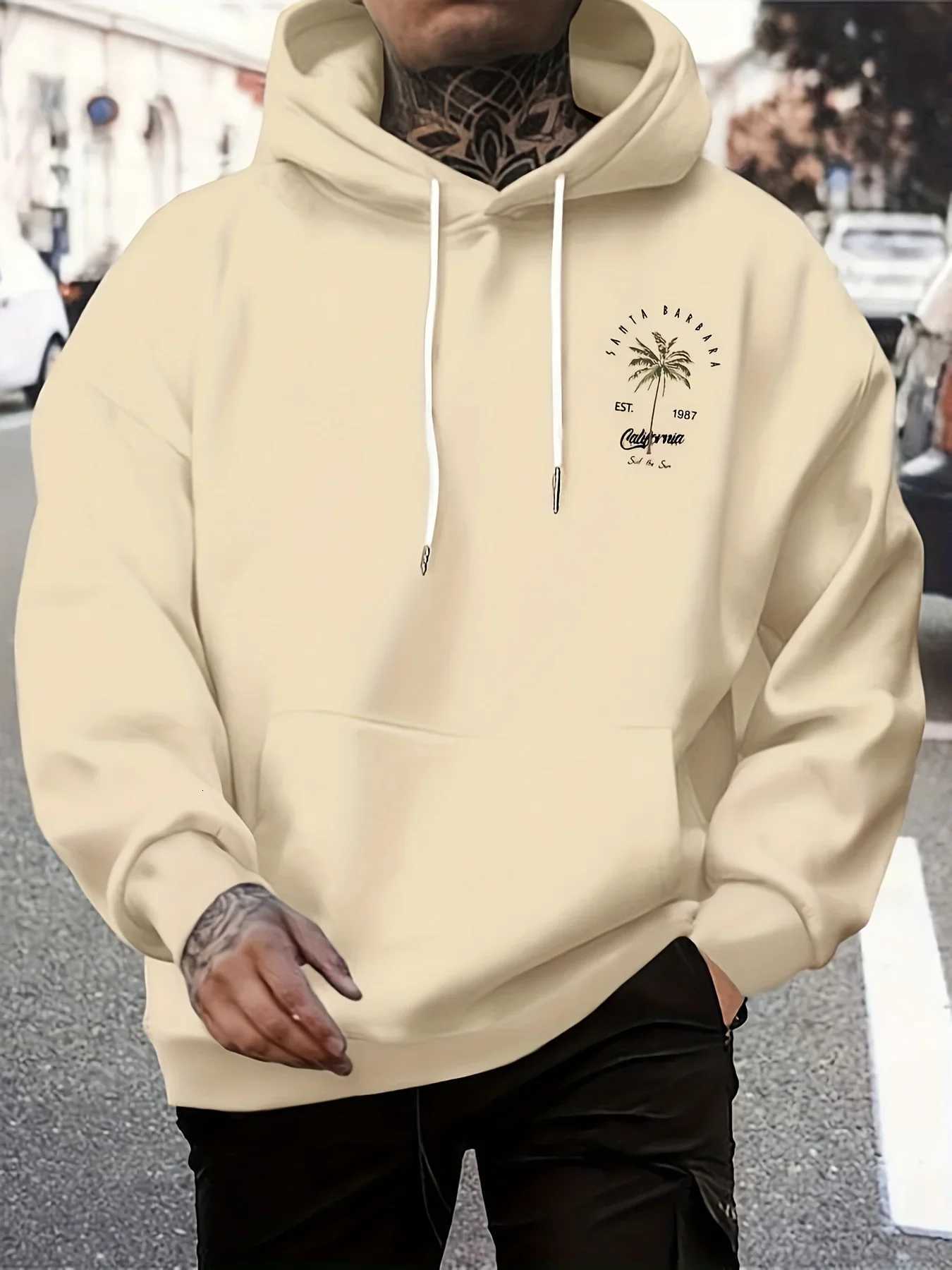 Mens Casual Tropical Palm Tree Print Hooded Sweatshirt with a Loose Fit and Pockets Comfortable Sports Top W251106