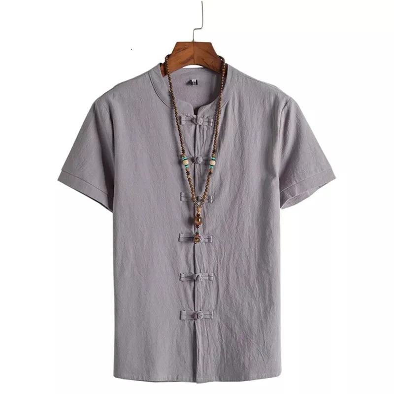 Summer Chinese style button solid color short sleeved mens Korean version fashionable casual T-shirt 250402