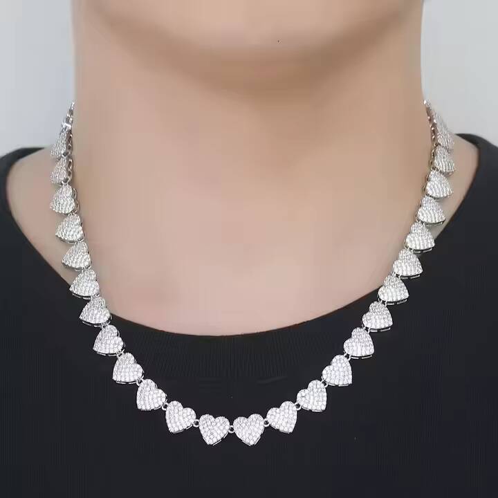 Luxury 10MM 925 Silver Moissanite Diamond Iced Hip Hop Fashion Necklace Heart Shape Clavicle Chain for Men Womens Engagement