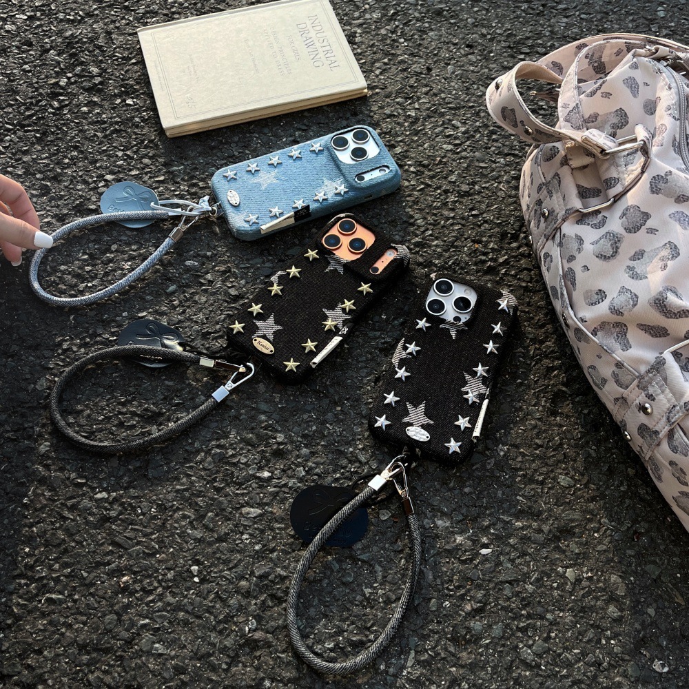 Punk Style Denim Rivet Star Phone Case Compatible with iPhone 17/16 Pro Solid Color Lanyard iPhone 15/14