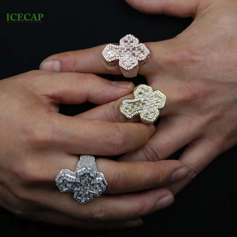 Fashion New Design Cross Shape Ring White Yellow Rose Gold Color VVS Round Baguette Moissanite Jewelry Rings
