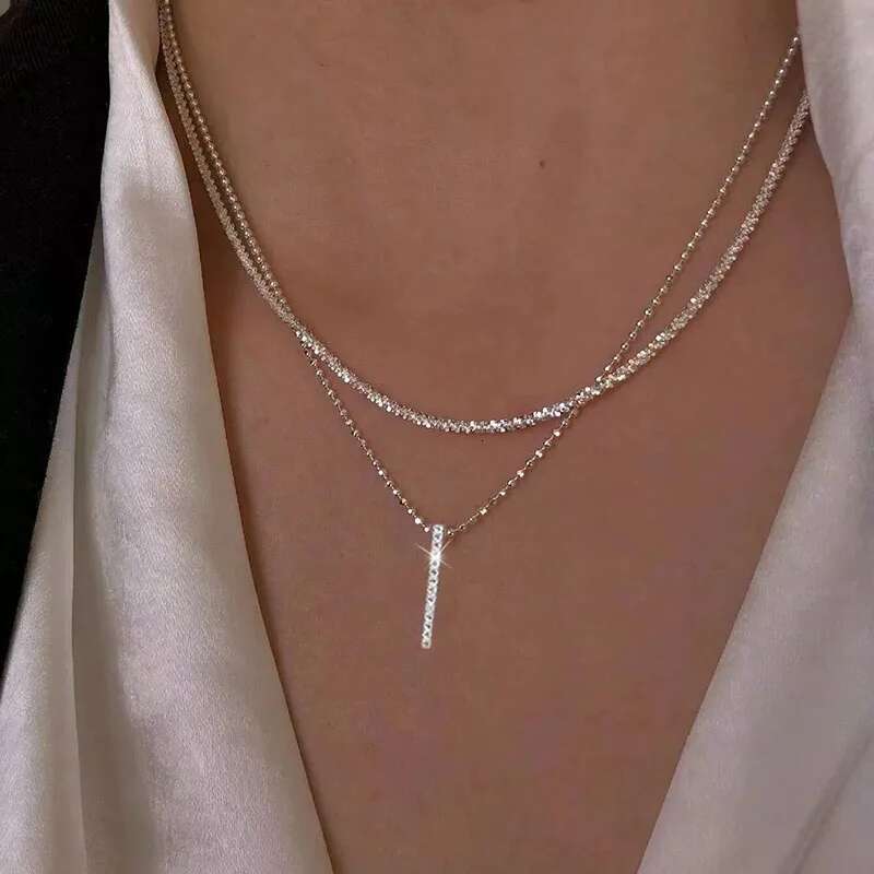 S Sier Double Layer O-Chain Sparkg Clavicle Zircon Pendant Necklace Female Fashion Simple Unique Design Fine Jewelry