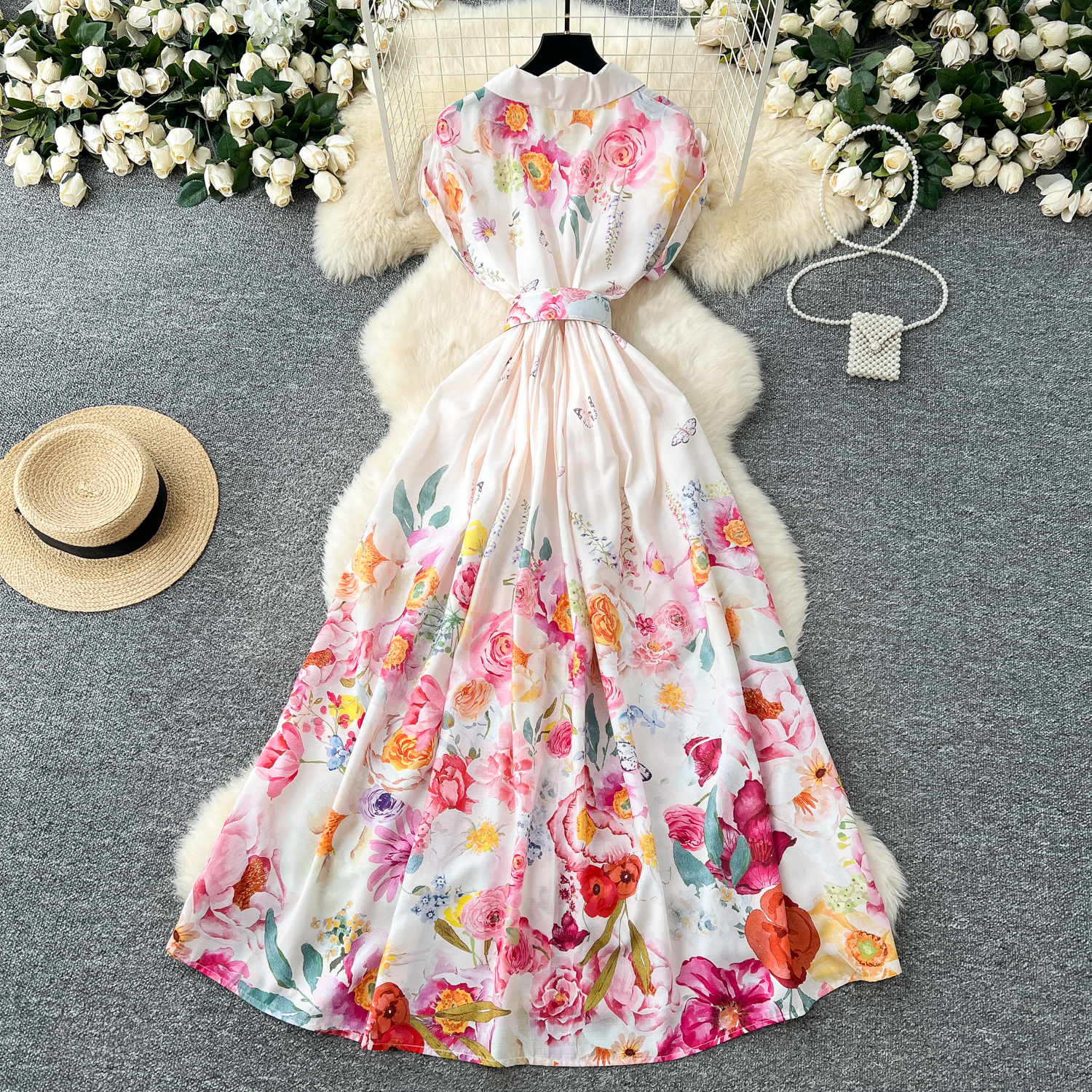 Basic Casual Dresses Elegant Holiday Gorgeous Flower Evening Dresses Women Notched Vintage Print Belt Long Party Dress Female Casual Holiday Clothing 