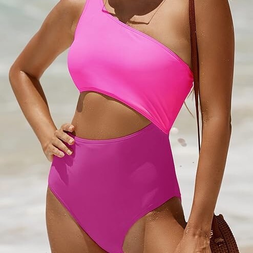 2025 new one-piece women's solid color single shoulder hollow sexy contrasting swimsuit