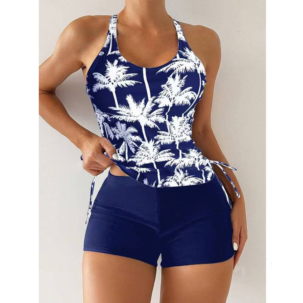 2025 new coconut tree print multi-color drawstring slimming solid color boxer shorts swimsuit for women