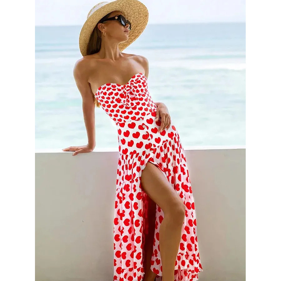 2025 new one-piece swimsuit women's love printed beach skirt set