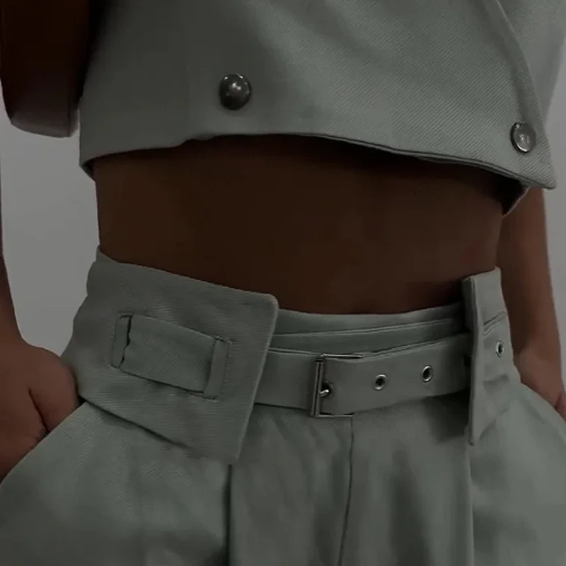 Wefads Womens 2piece Summer Fashion Solid Vneck Sleeveless Double breasted Button Top with Belt Straight Pants Set 250403