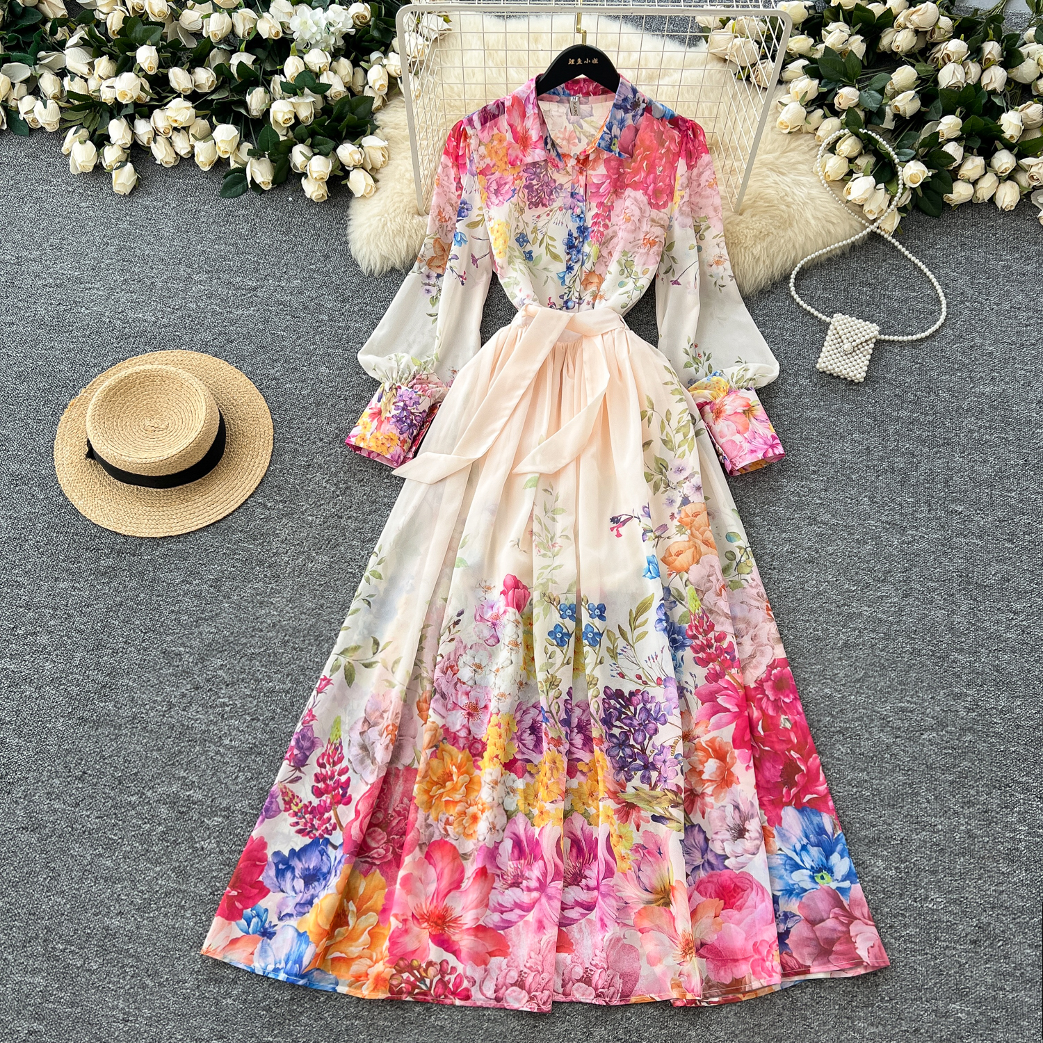 Two Piece Dress Summer Holiday Chiffon Gorgeous Flower 2 Piece Set Women Long Lantern Sleeve Shirt Blouse and High Waist A-Line Long Skirt Suit 2025