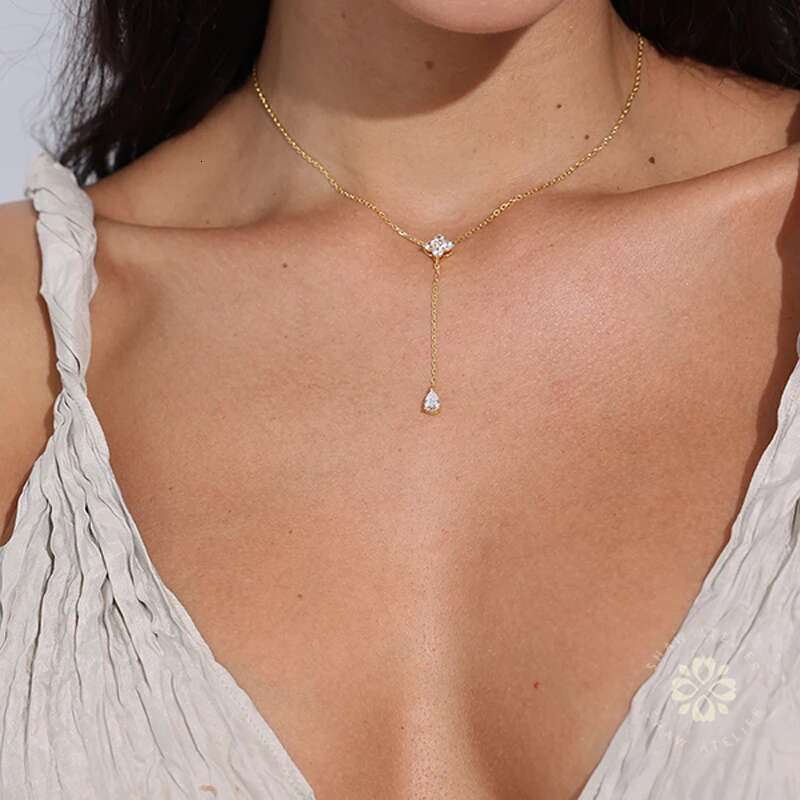 New S Sterg Sier Clover Zircon Water Droplet Shape Pendant O-Chain Choker Necklace Spring Girl Wedding Gift Fine Jewelry
