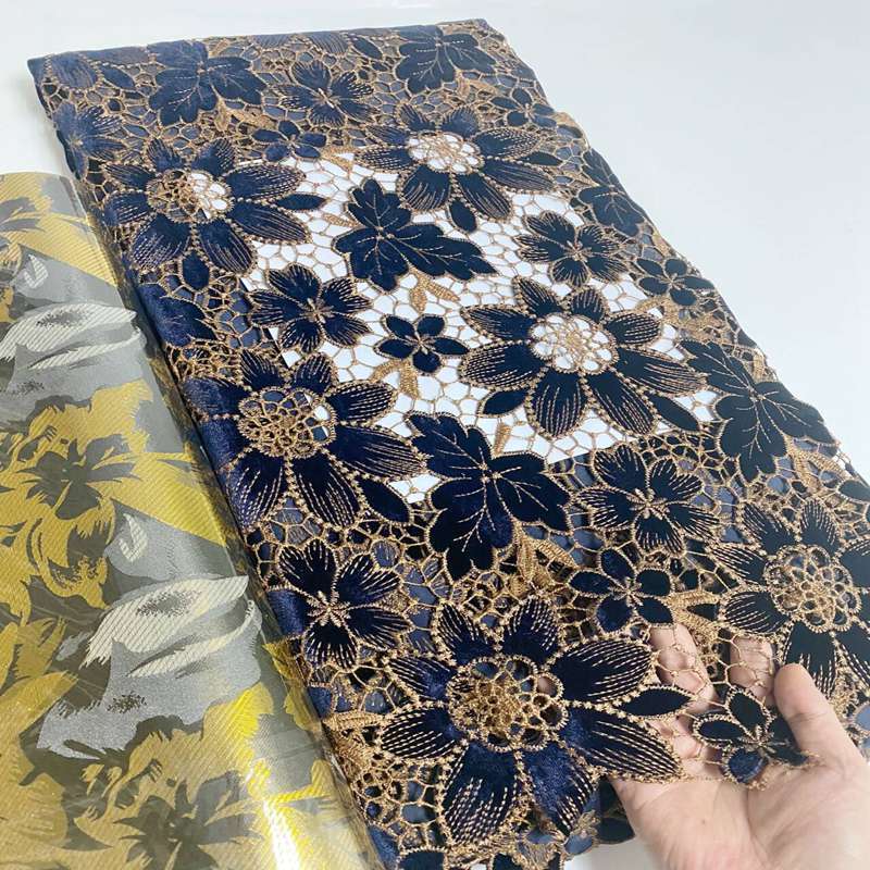 African Guipure Lace Fabric With Velvet 2024 High Quality Lace Nigerian Cord Lace Fabric Laser Embroidery Lace Senegal Style 240618