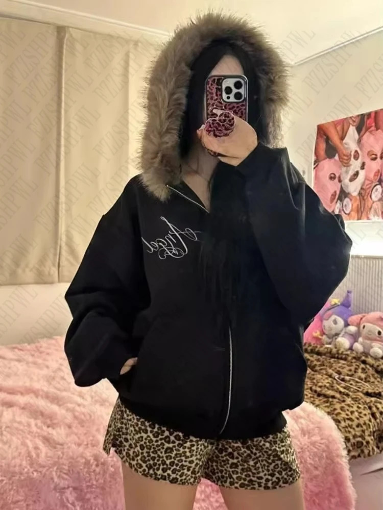 Y2K Harajuku Aesthetic Womens Winter Fur Collar Hoodie Chic Long Sleeve Open Knitted Woolen Sweater Oversized Rock Street Top 250403