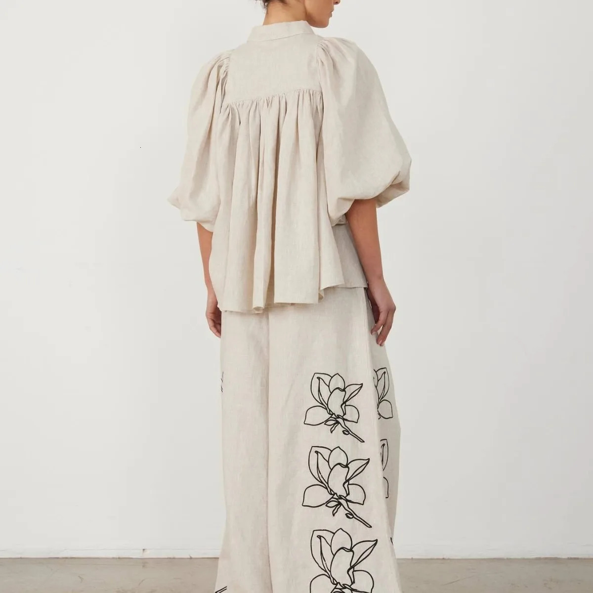 Cotton linen womens elegant two-piece loose long sleeved printed shirt and high waist wide leg pants set casual womens clothing 250401