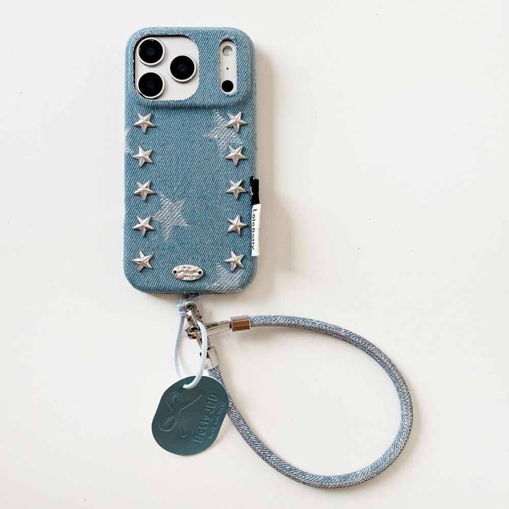 Punk Style Denim Rivet Star Phone Case Compatible with iPhone 17/16 Pro Solid Color Lanyard iPhone 15/14