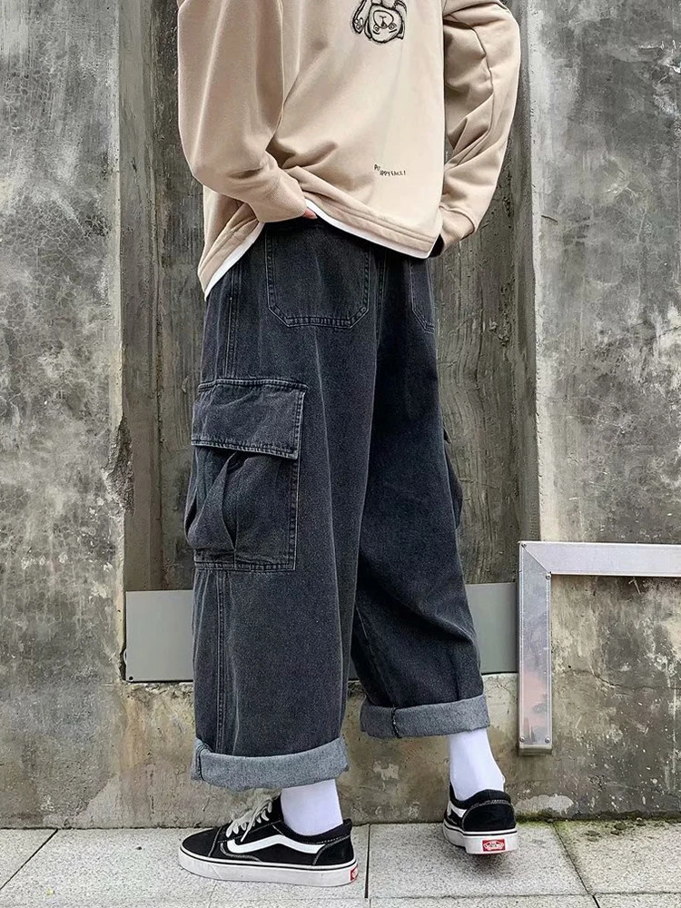 Baggy jeans mens oversized streetwear fashion wide leg cargo pants hip-hop Harajuku multi pocket denim Trouser black blue 250402