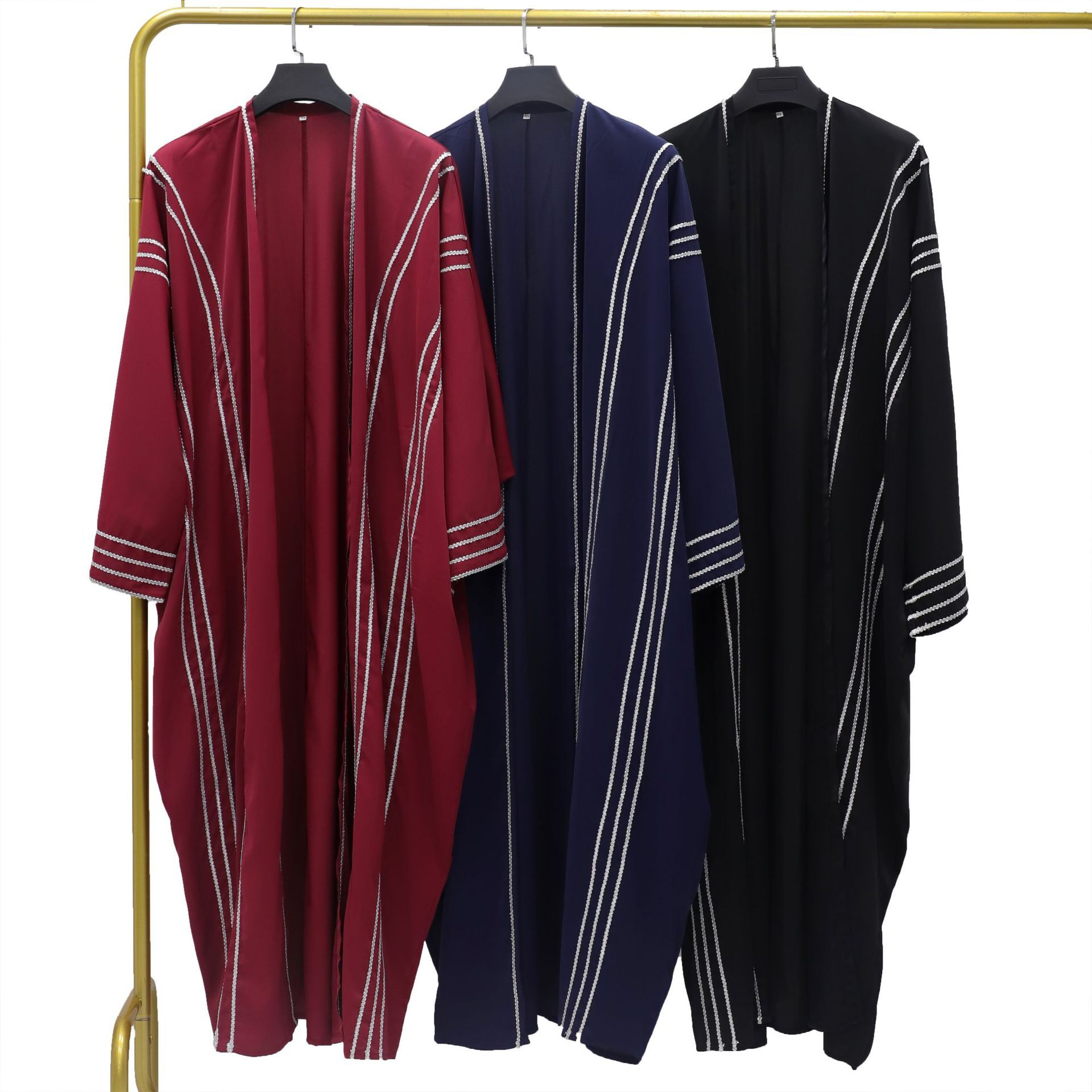 Dubai Women's Solid Color Ribbon Trimmed Long Robe Cardigan Abaya Maxi Dresses Islamic Clothing