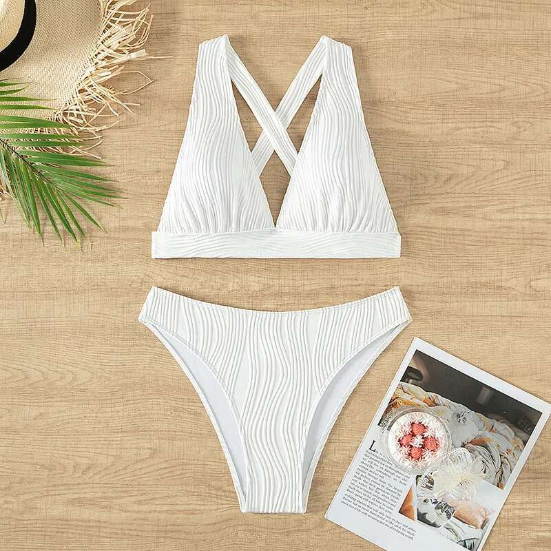 2024 Solid Color White Swimsuit for Women,high Waist V-neck 2 Piece Bikini,summer Beach Vacation Backless Swimwear Bathing Suit