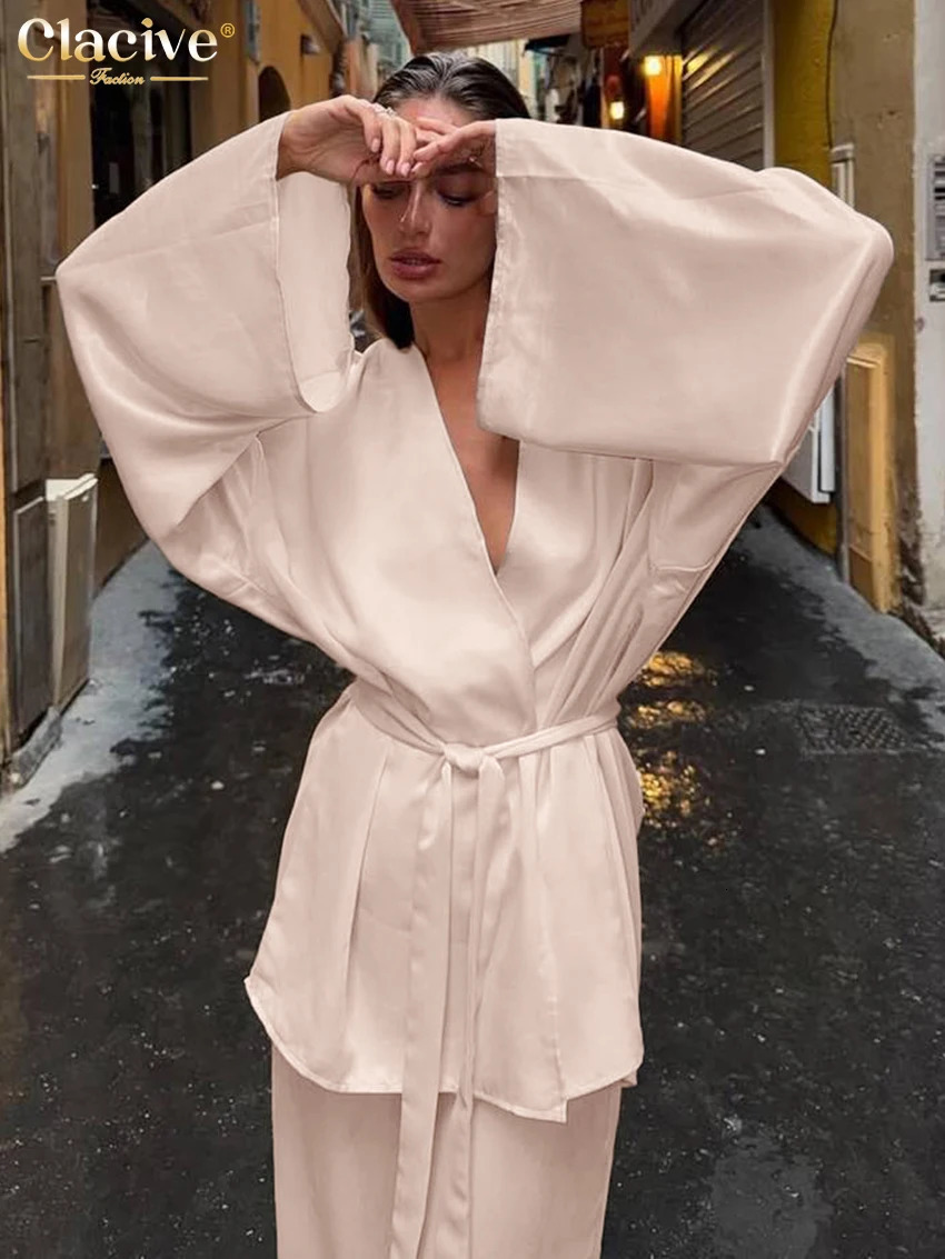 Clacive casual loose beige satin womens two-piece set elegant long sleeved lace pantyhose set 250402