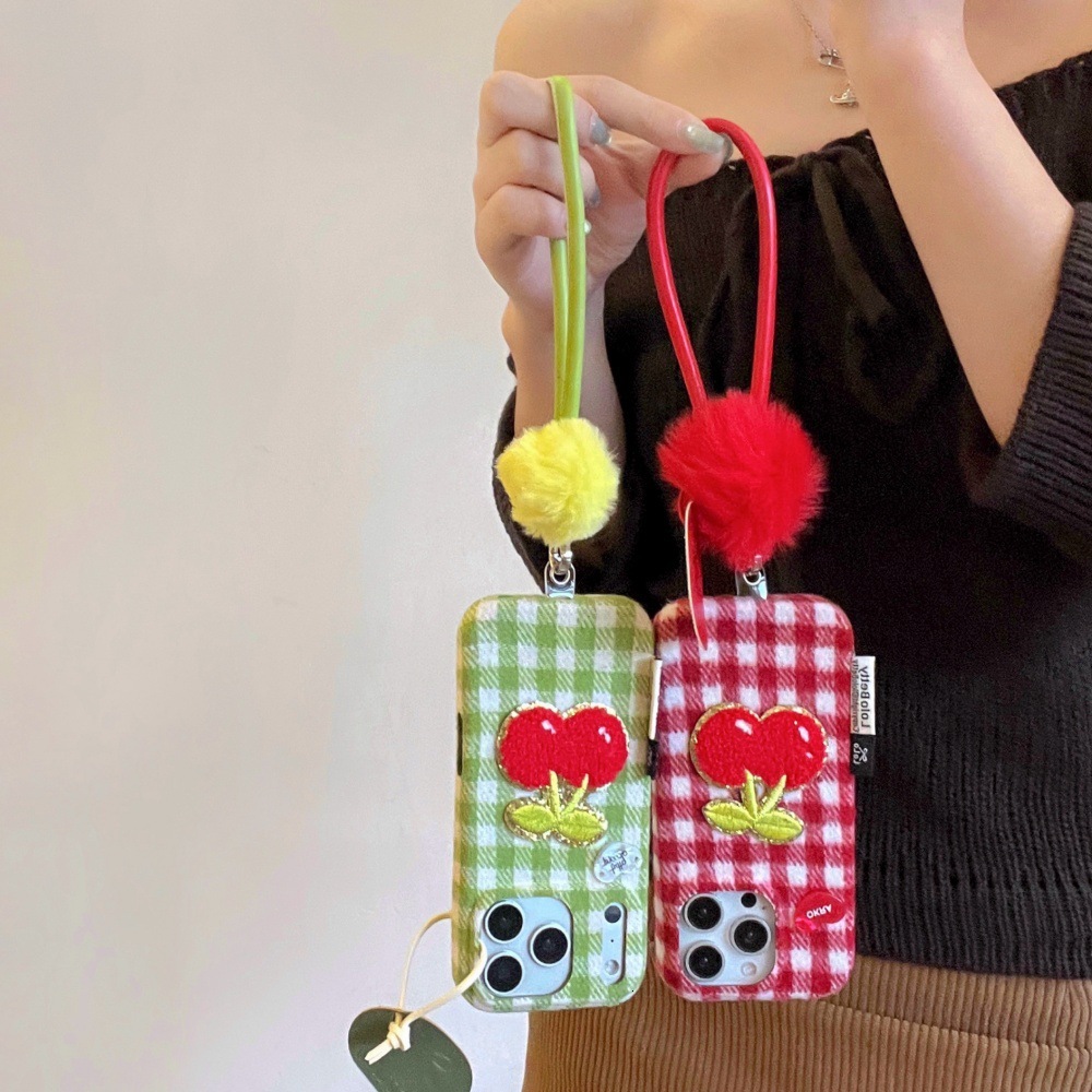 Red Green White Checkered Cherry Patch Phone Case Compatible with iPhone 17/16 Pro Solid Color Velvet Case iPhone 15/14