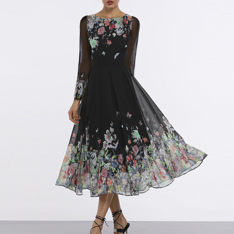 2025 New Womens Printed Dress with Sexy Hollow Out and Slim Fit Long Sleeved and Large Swing Long Skirt