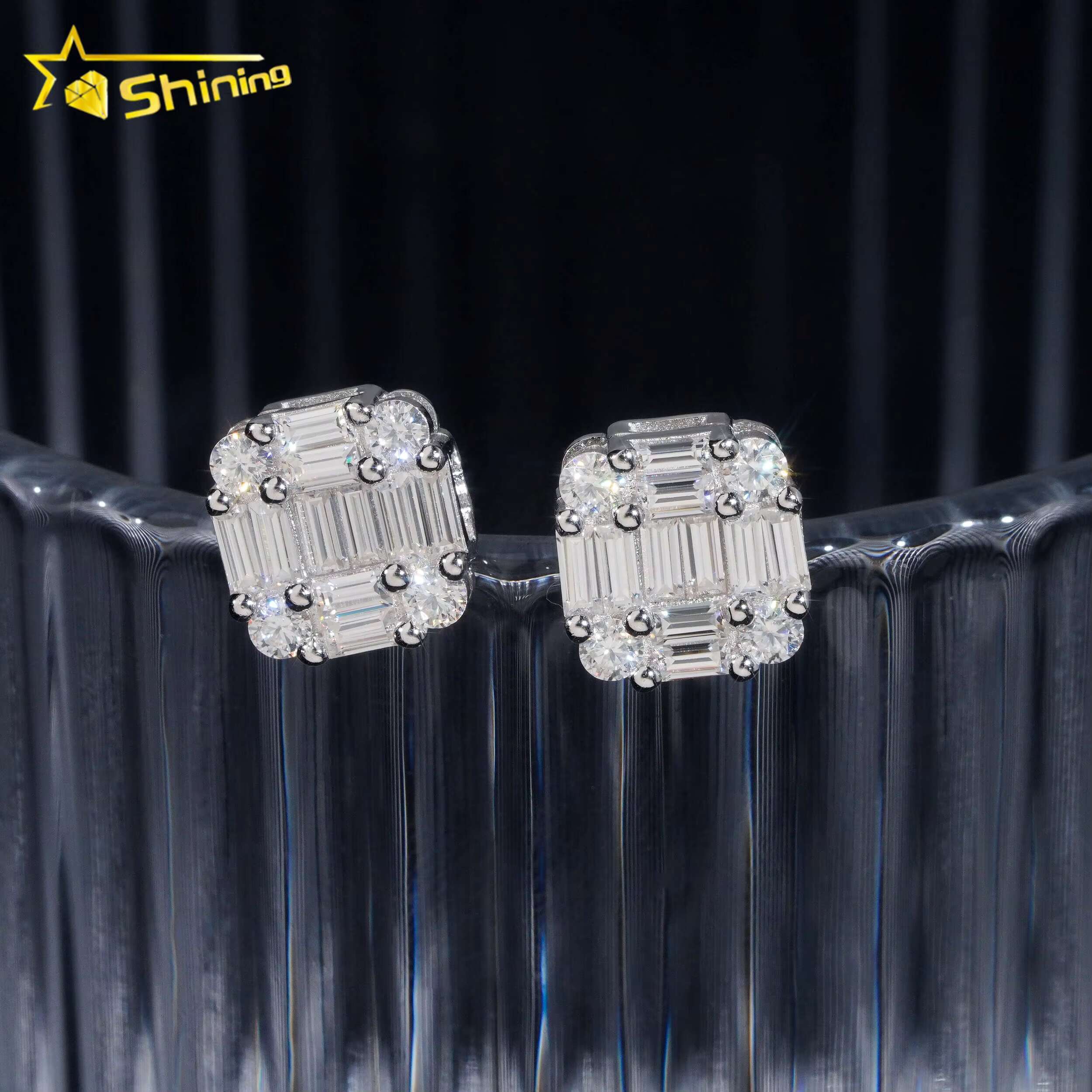 New Arrival Hip Hop Design Baguette Dia VVS Iced Out Moissanite Stud Earrings for Men