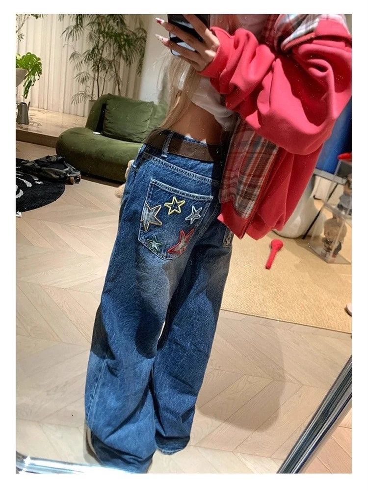 Womens Star Letter y Pattern Retro Baggy Jeans Street Girl Bottoms Vintage Trousers Female Wideleg High Waist Pants Z260313