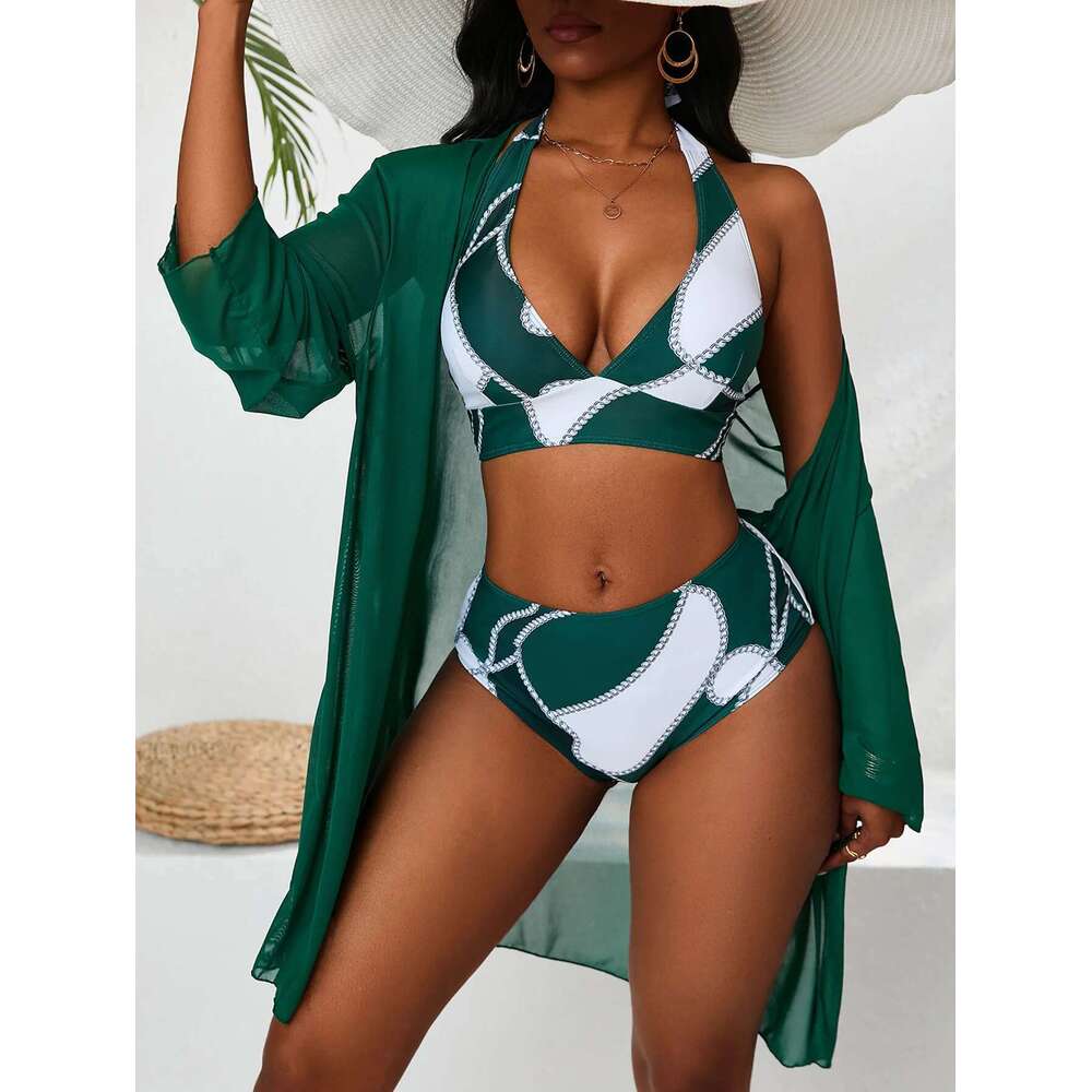 Green Print 3-piece Swimsuit for Women,long Sleeve Mesh Cover-ups Bikini,high Waist,V-neck Halter Backless Swimwear,2024 New